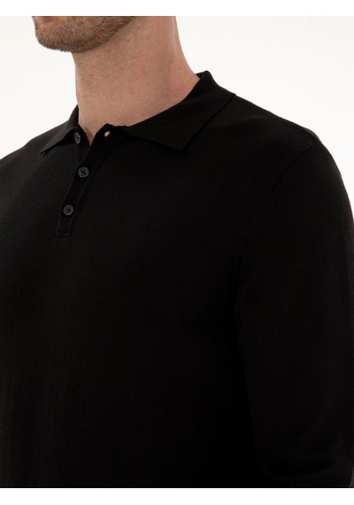 Cacharel Siyah Regular Fit Pamuk Karışımlı Polo Yaka Basic Triko Kazak