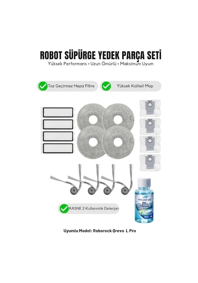 Roborock Qrevo L Pro İle Uyumlu 4 Yan Fırça 4 Filtre 4 Mop 1 Deterjan 4 Toz Torbası 6.0