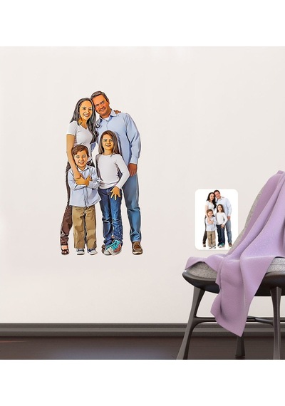 Kişiye Özel Tam Boy Aile Karikatürlü Duvar Sticker (50X70Cm)-1