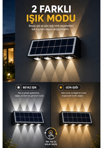 Solar Led Duvar Apliği 8 Ledli Bahçe Aydınlatması Güneş Enerjili Dış Mekan Bahçe Lambası, Su Geçirmez Sensörlü