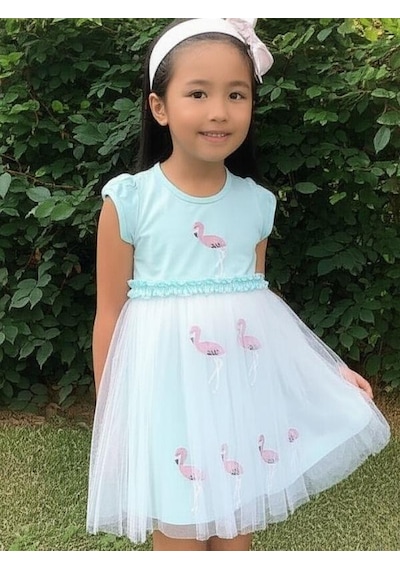 Kız Çocuk Pamuklu Flamingo Desenli Elbise-15817 Mint