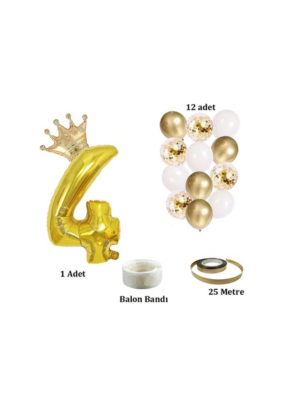 4 Rakam Gold Folyo Balon, Kral Tacı Ve Konfetili Gold Balon