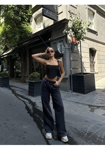Freedom Storee Kadın Arkadan Yırtmaçlı Jeans Kot Palazzo Pantolon - Siyah Çok Renkli