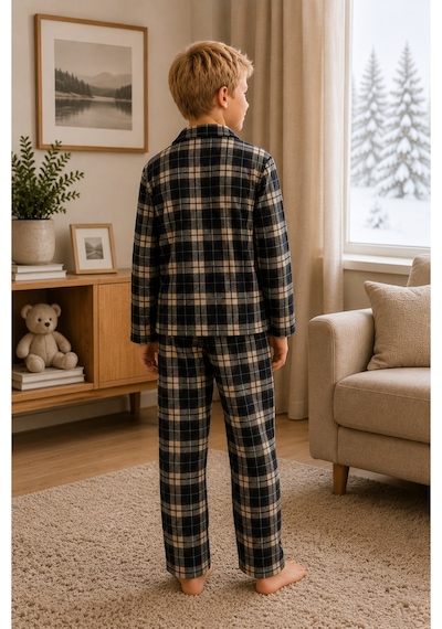 Free Beka Ekose Desenli Uzun Kollu Gömlek Yaka Düğmeli Erkek Çocuk Pijama Takımı Bej