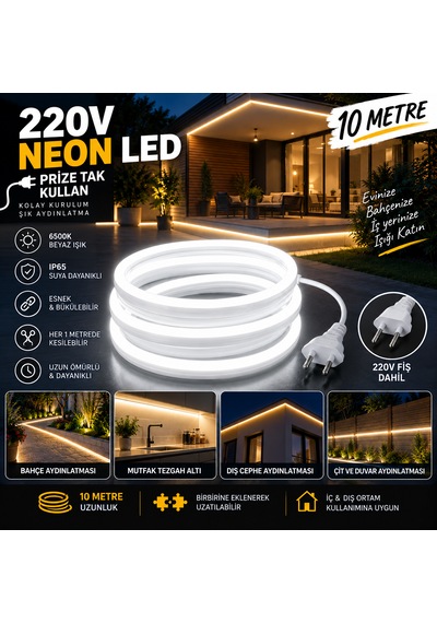 10 Metre 6500k Beyaz Neon Led 220v Tak Çalıştır Ip65 Ultra Parlak Esnek Hortum Led İç Dış Mekan Dekoratif Aydınlatma 6500K - Beyaz Işık