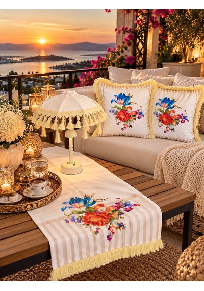 Missidea Romantic Bloom Desenli Dekoratif Masa Üstü Lambası Bali Şemsiyesi Seti Şemsiye + Runner + 2 Li Kırlent Kılıfı Krem