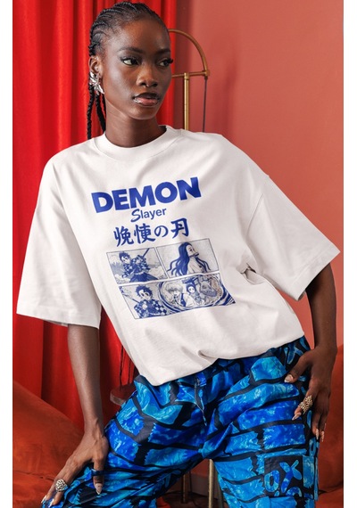 Sevbano Demon Slayer Anime Ön Baskılı Unisex Oversize Tişört Beyaz