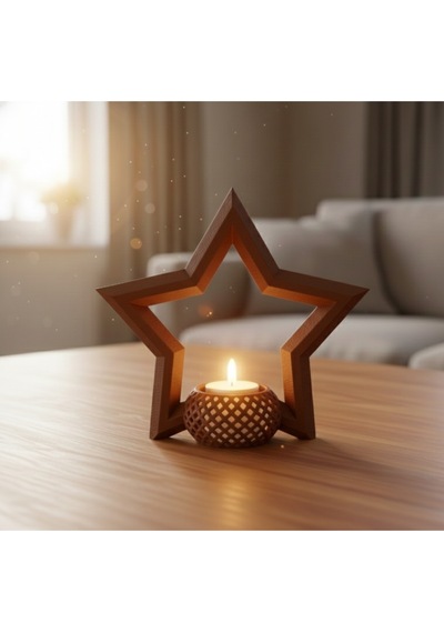 Yılbaşına Özel 3d Baskı Yıldız Tealight Mum Tutucu Seti 2 Adet - Kahverengi/gri