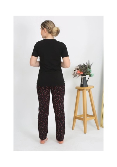 İkikareshop Kadın Kısa Kol Pamuk Penye Pijama Takım Siyah Çok Renkli