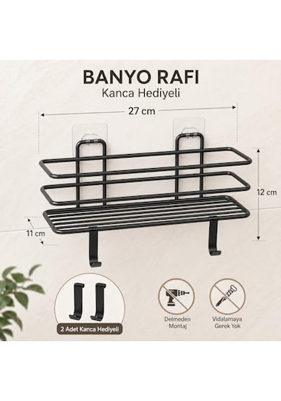 Siyah Yapışkanlı Banyo Rafı, 2 Kancalı Duvar Tipi Banyo Organizer, Şampuanlık Ve Aksesuar Rafı, Delmeden Kolay Kurulumlu Metal Banyo Düzenleyici 000 Açık Krem