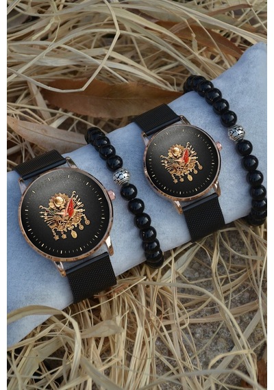 Siyah Rose Gold Hasır Çift Tuğra Saat Ve Bileklik Hediyeli Çift Sevgili Saatleri