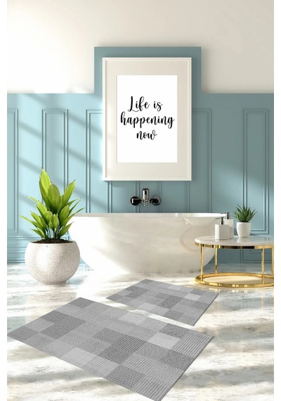 Buççin Online Mağaza Dijital Baskılı Yıkanabilir Kaymaz Taban Kilim Görünümlü Banyo Paspası Klozet Takımı Polyester Gri Çok Renkli