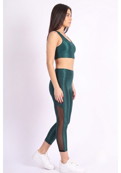 Soft&Basic Kadın Tayt Takım Polyester Paçası Tül Detaylı Yüksek Bel Tayt Ve Bralet Yeşil