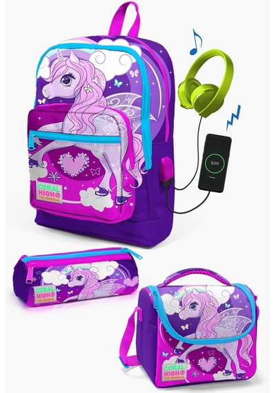 Coral High Kids Mor Pembe Unicorn Desenli Usb'li 3 Lü Okul Çanta Seti Set0123808