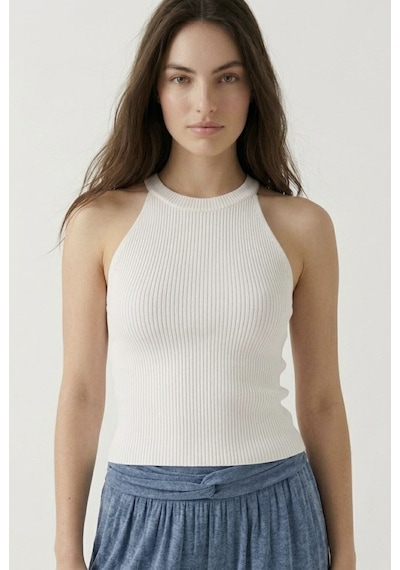 Neden Tekstil Kadın Fitilli Halter Yaka Crop Bluz - Beyaz