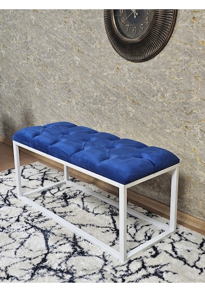 Zafir Beyaz Boyalı Diktörtgen 100 Cm X 40 Cm Oturak Puf - Bench - Makyaj Oturağı - Oturak Mavi