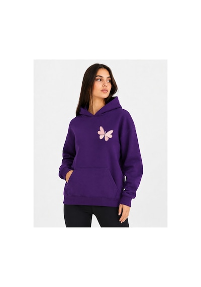 Herkesemoda Kelebek Baskılı Kapüşonlu 2 İplik Şardonlu Sweatshirt Mor