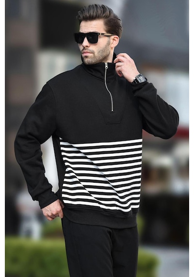 Madmext Siyah Fermuar Yakalı Çizgili Sweatshirt 7056-siyah Siyah
