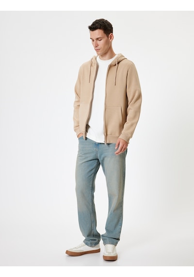 Koton Fermuarlı Sweatshirt Kapşonlu Cep Detaylı Pamuk Karışımlı Bej 5wam70016mk Ekru