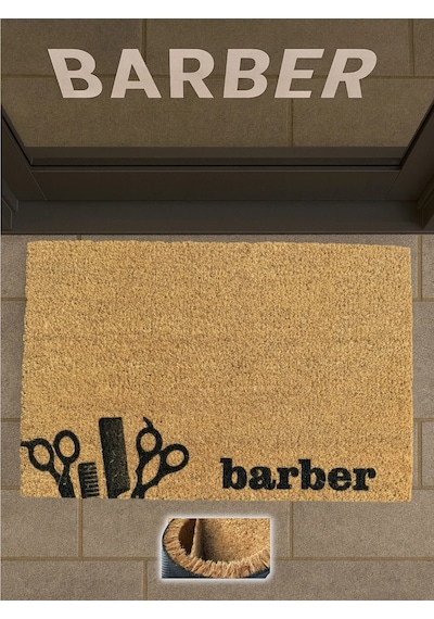 Barbero 40x60 Cm, Berber Kapı Önü Koko Paspası Meslek Temalı, Kaymaz Taban Açık Kahverengi