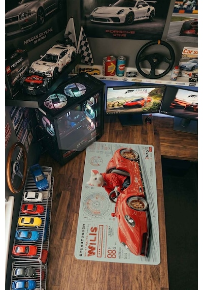 Beyaz Fare Kırmızı Spor Araba 40x90 Cm Oyuncu Mousepad Kaymaz Taban Büyük Boy Siyah