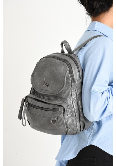 Baginn Y.s.deri Mini Boy Kadın Sırt Çantası Vegan Deri Bayan Sırt Çantası 27 20 Cm Yumuşak Doku Çok Cepli Gri