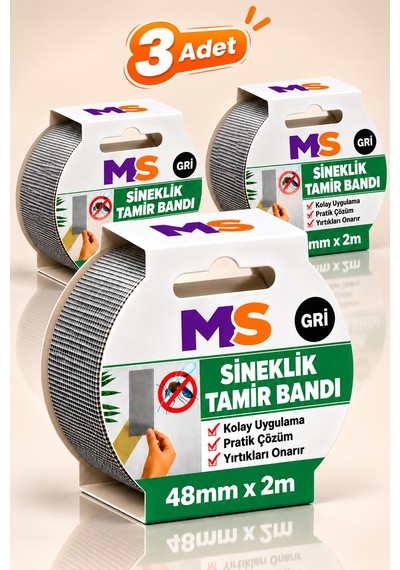 3 Adet Yapışkanlı Gri Sineklik Tamir Bandı 48 Mm X 2 Metre Yaması Tülü Bantı Delik Onarımı Yapıştırma 48 x 48