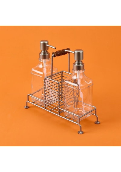 Arow Bland 2'li Metal Stantlı Cam Sıvı Sabunluk - Şeffaf / Gri - 200 Ml Şeffaf / Gri