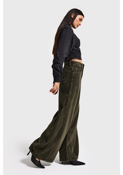 Itsbasic Kadın Haki Renk Hera 26w5-15 Palazzo Fit Kalın Fitilli Velvet Kadife Kumaş Pantolon