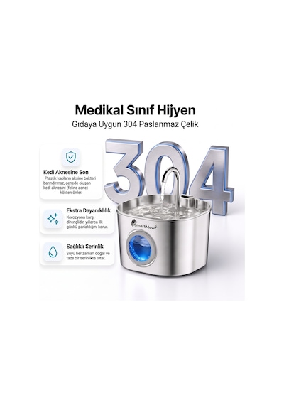 Smartmew S15-b 2.2l Paslanmaz Çelik Kedi Köpek Su Pınarı - Su Seviyesi Göstergeli Sessiz Otomatik Su Sebili
