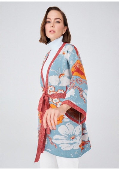 Peraluna Çicek Desenli Bol Kesim Pamuklu Kadın Triko Kimono-Çok Renkli