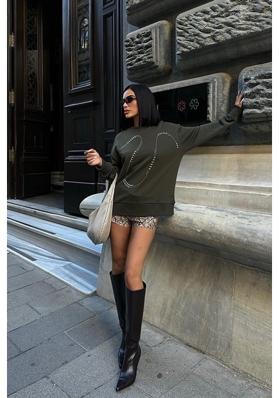 WeShaya Kadın Haki Taşlı Pamuk Oversize Sweatshirt Haki