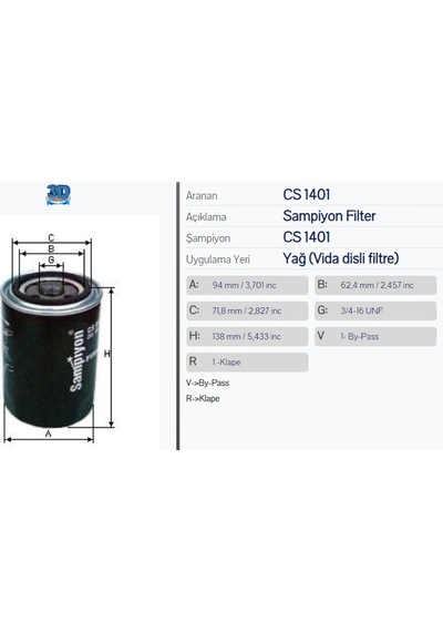 Şampiyon Cs 1401 Massey-Nissan-John Deere-Ford-Toyata Yağ Filtre