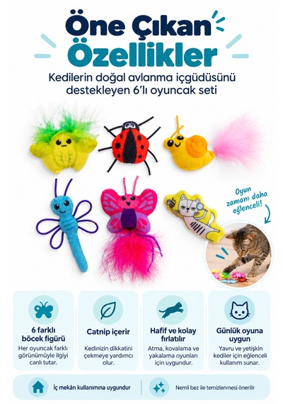 Petstages Cute As A Bug Böcek Şeklinde Catnip'li Kedi Çiğneme Oyuncağı 6'lı Paket
