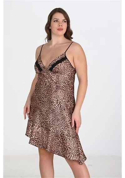 Ang Butik Kadın Premium Büyük Beden Saten Leopar Gecelik Bigsize Takımı