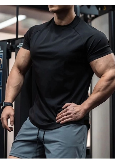 Genius Store Erkek Spor Tişört Running Sports Gym Reglan Oval Kesim Penye T-shirt Ovalt-shirt Siyah