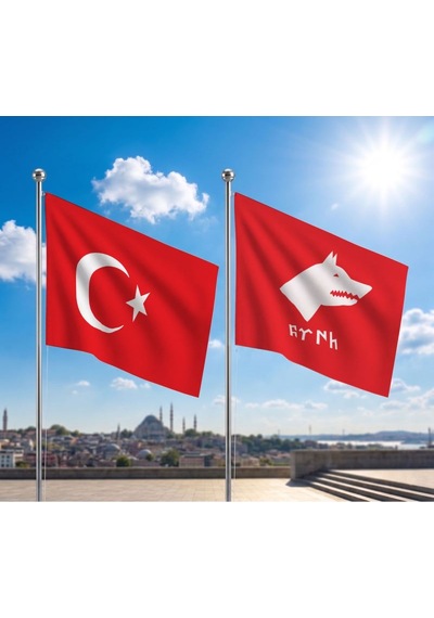 Göktürkçe Türk Yazılı Kurt Bayrağı Ve Alpaka Kumaş Türk Bayrağı 2'li Set 70x105cm Diğer