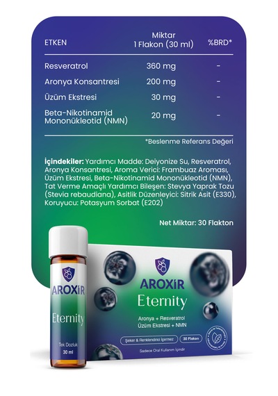 Aroxir Eternit Y Longevity Desteği Resveratrol, Aronya, Üzüm Ekstresi Ve Nmn 30 Flakon
