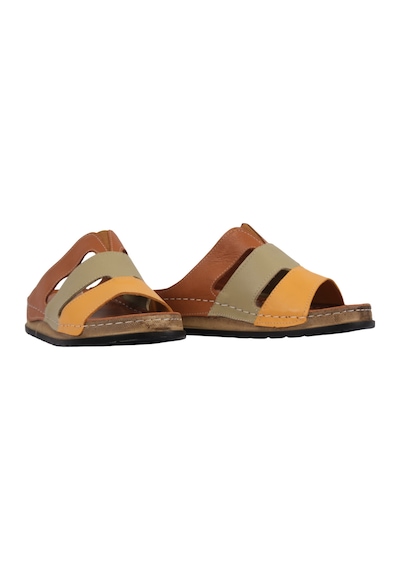 Napa Shoes Hakiki Deri Üç Bantlı Çok Renkli Ortopedik Kadın Terlik Napa-303 Taba