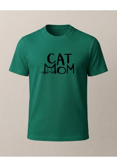 Cat Mom Baskılı T-shirt Yeşil