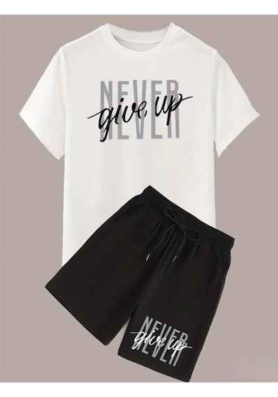 Never Give Up Baskılı Özel Tasarım Oversize Alt Üst Takım Beyaz