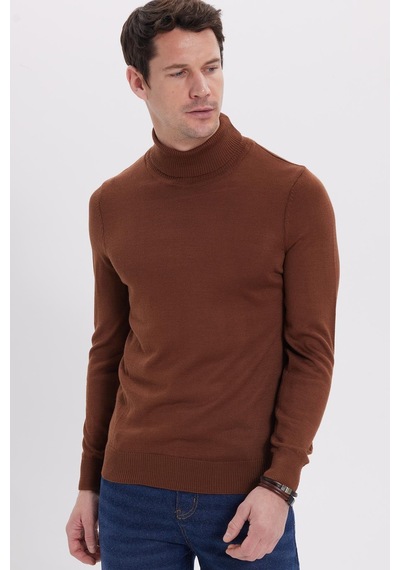 Tudors Slim Fit Tam Boğazlı Yaka Düz Yün Kahverengi Erkek Triko Kazak-39415 Kahverengi