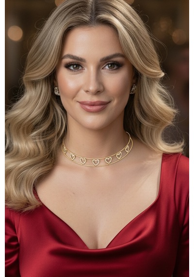 Caş Dekorasyon Altın Renk Kalpli Taşlı Choker Kolye Altın