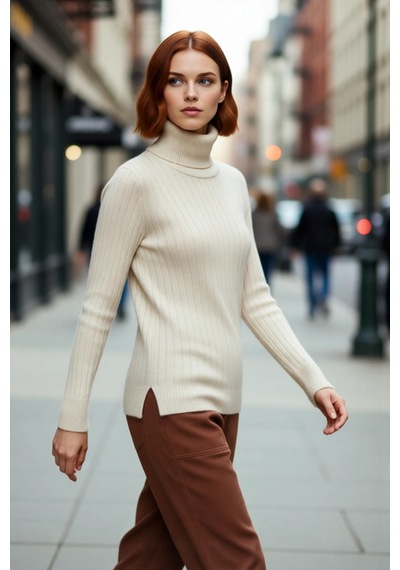 Ersefa Kadın Kışlık Balıkçı Yaka Triko Kazak Fitted Kalıp Basic Koleksiy Taş