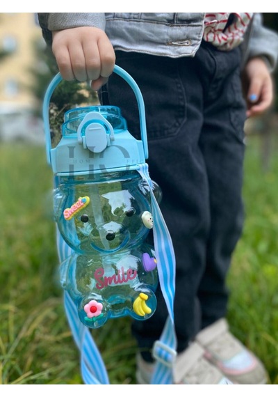 Smile Ayıcık Model Su Matarası Su Şişesi Suluk 1000ml Bpa Içermez Suluk 3d Sticker Hediye Mavi Plast Diğer