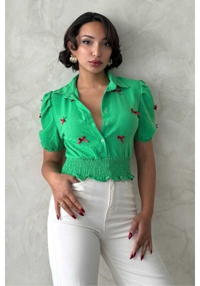 Verymoda 1 Fiyonklu Keten Gömlek - D2409 ZÜMRÜT