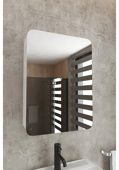 Oval Kapaklı %100 Mdf Aynalı Banyo Dolabı Üstü 70x50 Üst Dolap Beyaz