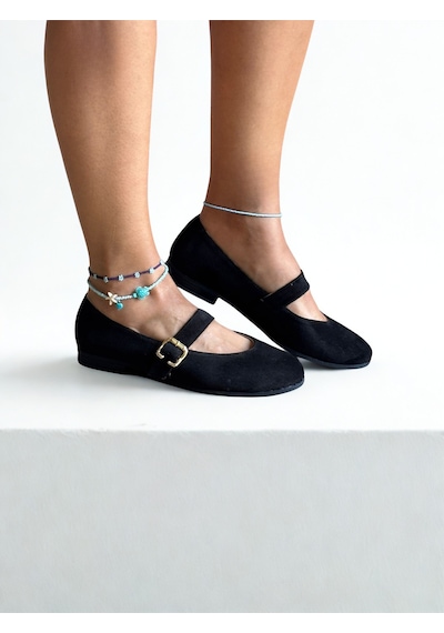 Ne&ve Shoes Siyah Süet Hakiki Deri Yuvarlak Burunlu Tokalı Kadın Babet