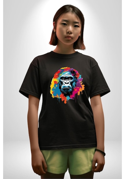 Renkli Maymun Goril Pamuklu Bisiklet Yaka Unisex Oversize Boyfriend Dijital Baskılı Siyah T-shirt Siyah