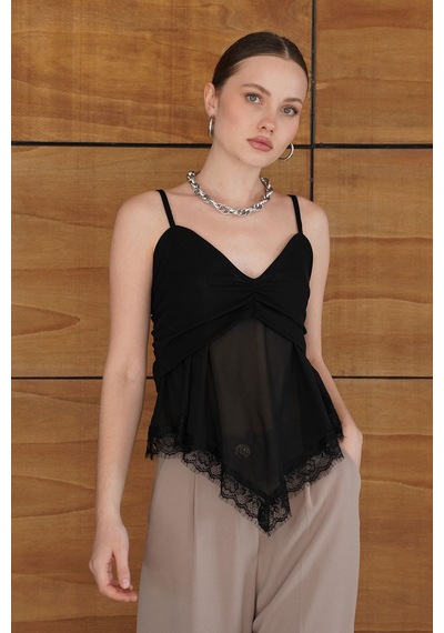 Verymoda D 2979 Askılı Dantel Detaylı Tül Bluz - D2979 Siyah